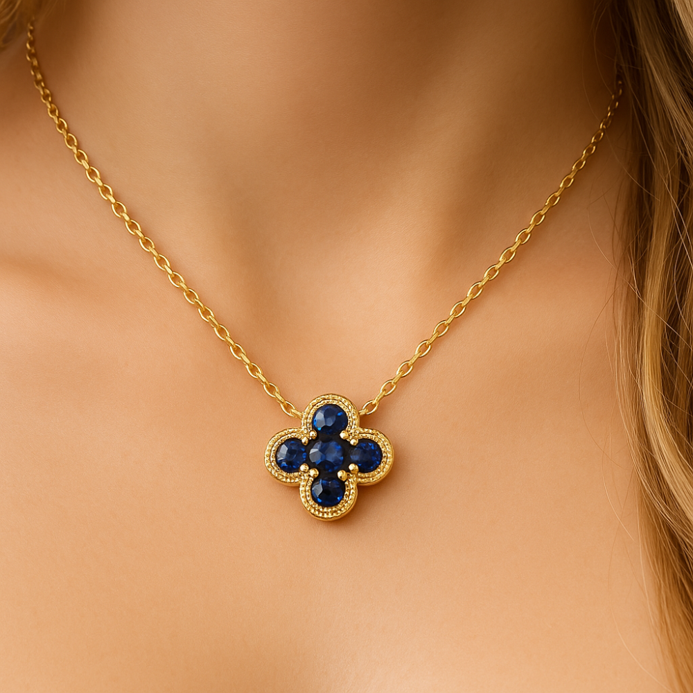.27ct G SI 14K Yellow Gold Blue Sapphire Gemstone Clover Pendant Necklace 18" Chain