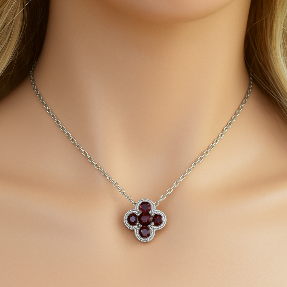 .27ct G SI 14K White Gold Ruby Gemstone Clover Pendant Necklace 18" Chain