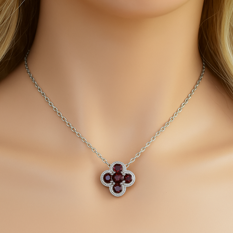 .27ct G SI 14K White Gold Ruby Gemstone Clover Pendant Necklace 18" Chain