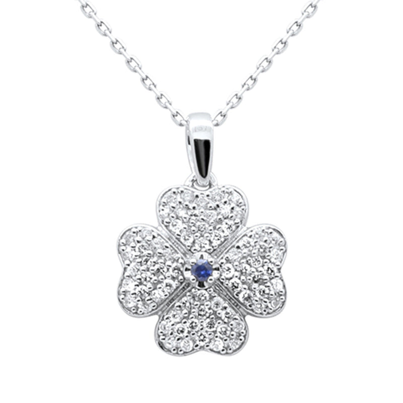 SPECIAL!.50ct G SI 14K White Gold Diamond & Blue Sapphire Gemstone Clover Pendant 18" Chain