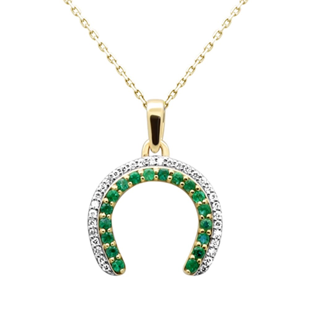 SPECIAL!.48ctG SI 14K Yellow Gold Diamond & Emerald Gemstone Horse shoe Pendant 18" Chain