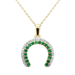 SPECIAL!.48ctG SI 14K Yellow Gold Diamond & Emerald Gemstone Horse shoe Pendant 18" Chain