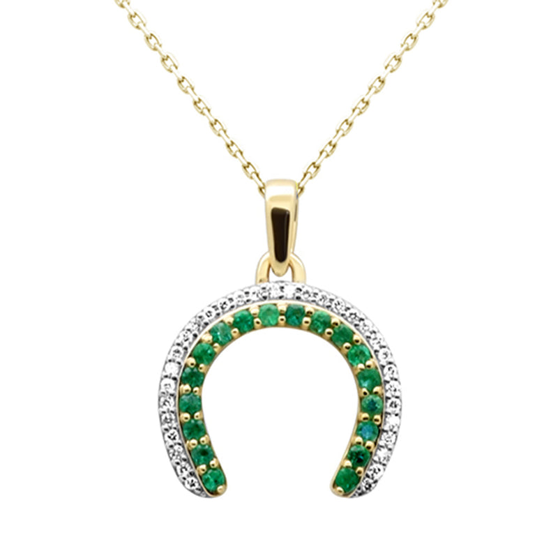 SPECIAL!.48ctG SI 14K Yellow Gold Diamond & Emerald Gemstone Horse shoe Pendant 18" Chain