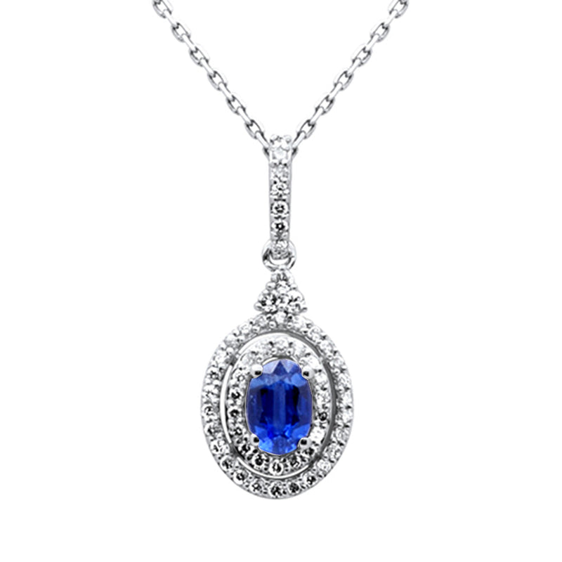 SPECIAL!.85ct G SI 14K White Gold Diamond & Blue Sapphire Gemstone Halo Pendant 18" Chain