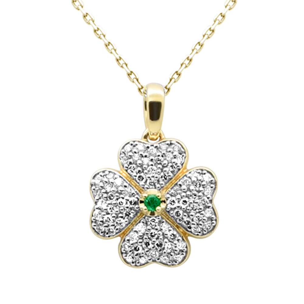 SPECIAL!.49ct G SI 14K Yellow Gold Diamond & Emerald Gemstone Clover Pendant 18" Chain
