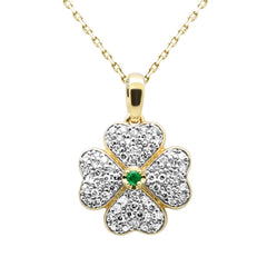 SPECIAL!.49ct G SI 14K Yellow Gold Diamond & Emerald Gemstone Clover Pendant 18" Chain