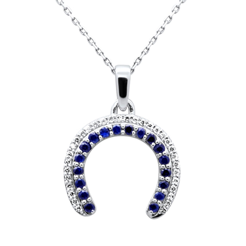 SPECIAL!.65ct G SI 14K White Gold Diamond & Blue Sapphire Gemstone Horse shoe Pendant 18" Chain