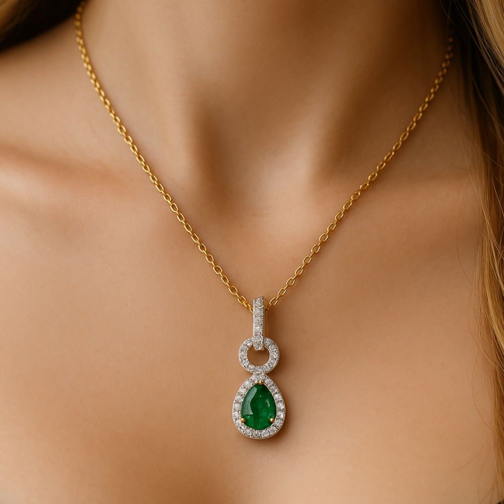 SPECIAL! .54ct G SI 14K Yellow Gold Diamond & Emerald Gemstone Pendant Necklace 18" Chain