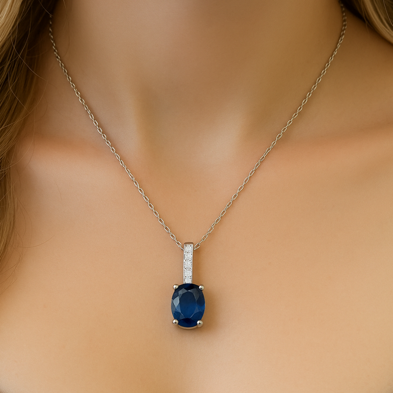 SPECIAL!1.23ct G SI 14K White Gold Diamond & Oval Shape Blue Sapphire Gemstone Pendant Necklace 18" Chain