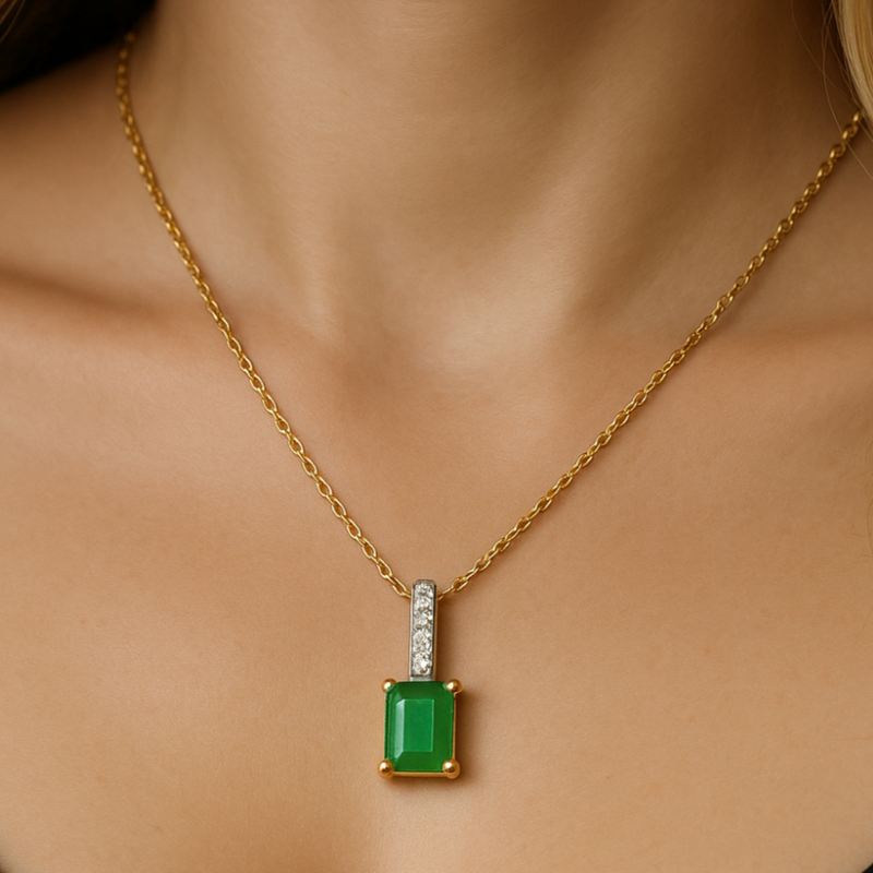 SPECIAL! .94ct G SI 14K Yellow Gold Diamond & Emerald Gemstone Pendant Necklace 18" Chain