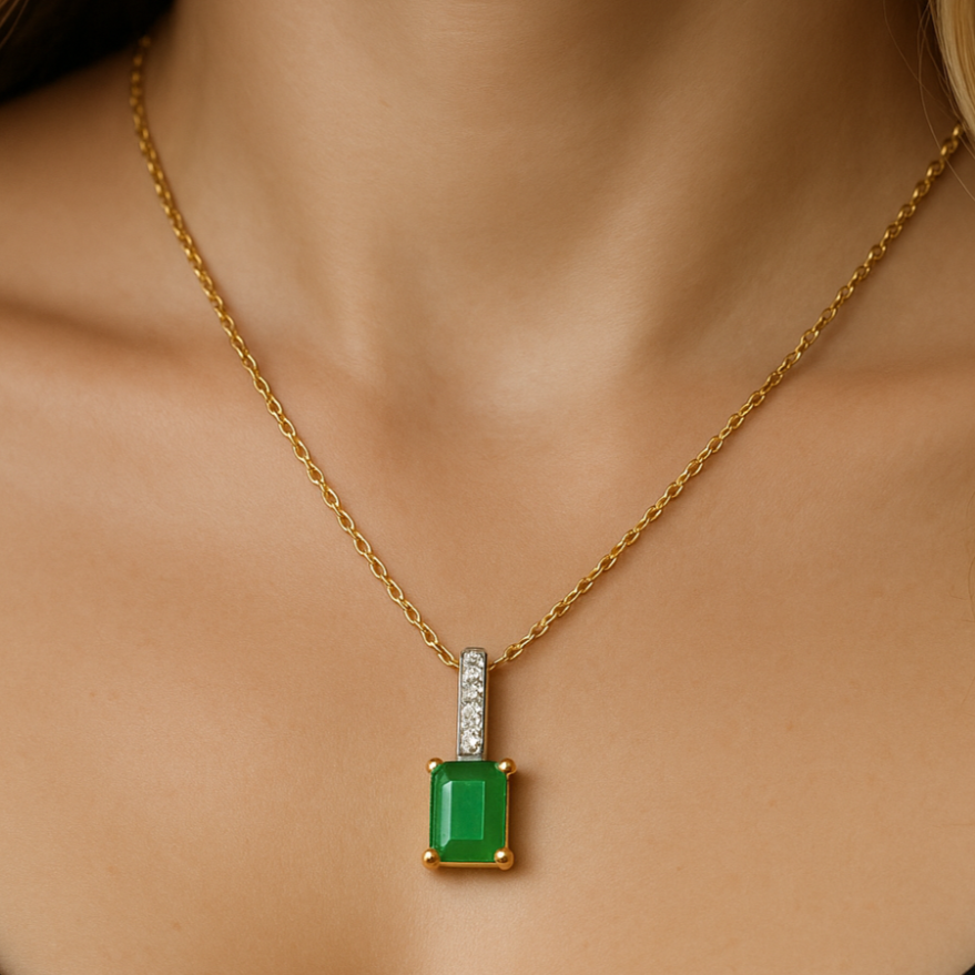 SPECIAL! .94ct G SI 14K Yellow Gold Diamond & Emerald Gemstone Pendant Necklace 18" Chain