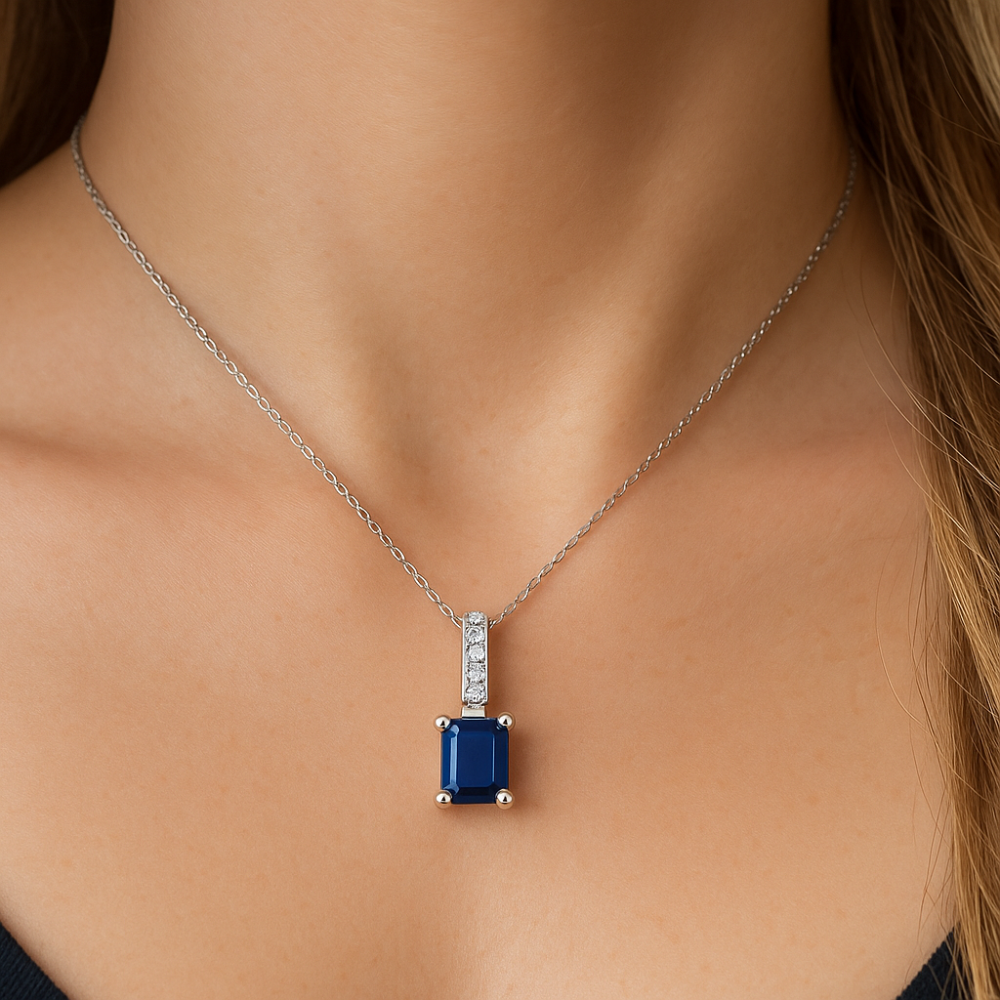 SPECIAL!1.17ct G SI 14K White Gold Diamond & Blue Sapphire Gemstone Pendant Necklace 18" Chain