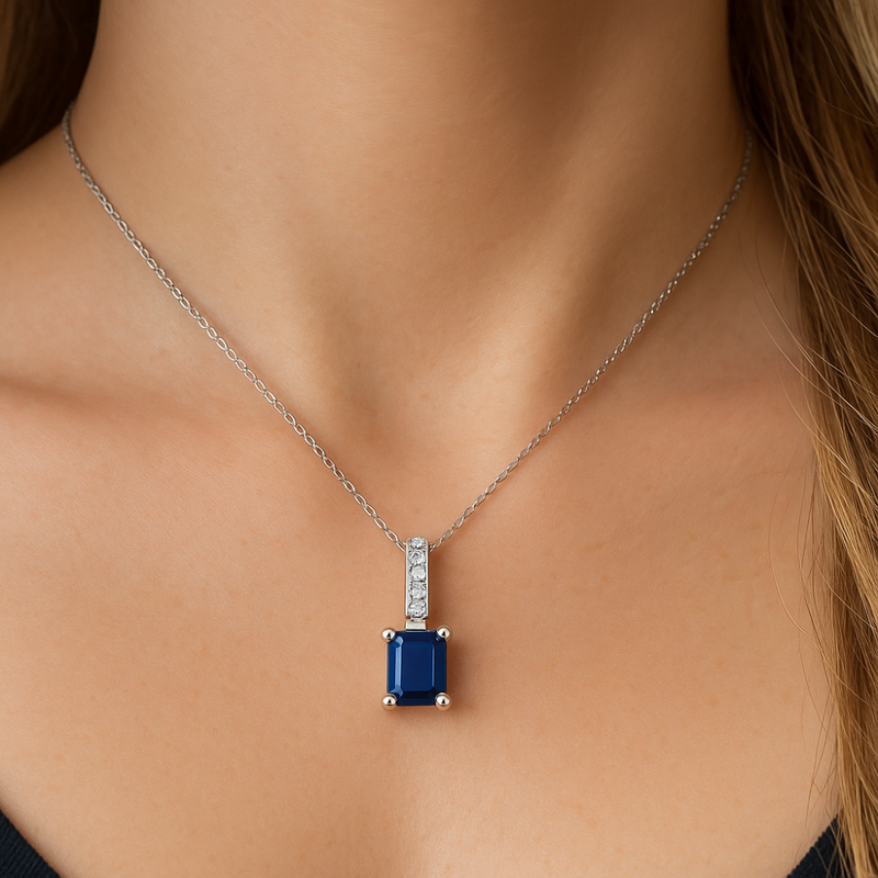 SPECIAL!1.17ct G SI 14K White Gold Diamond & Blue Sapphire Gemstone Pendant Necklace 18" Chain