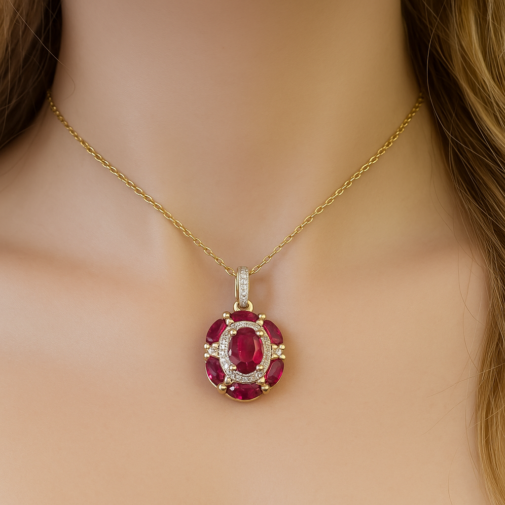 SPECIAL!1.25ct G SI 14K Yellow Gold Diamond & Ruby Gemstone Dome Pendant Necklace 18" Chain