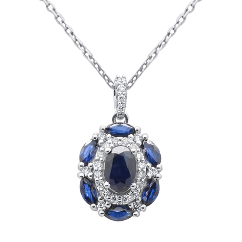 SPECIAL!1.52ct G SI 14K White Gold Diamond & Blue Sapphire Gemstone Dome Pendant Necklace 18" Chain