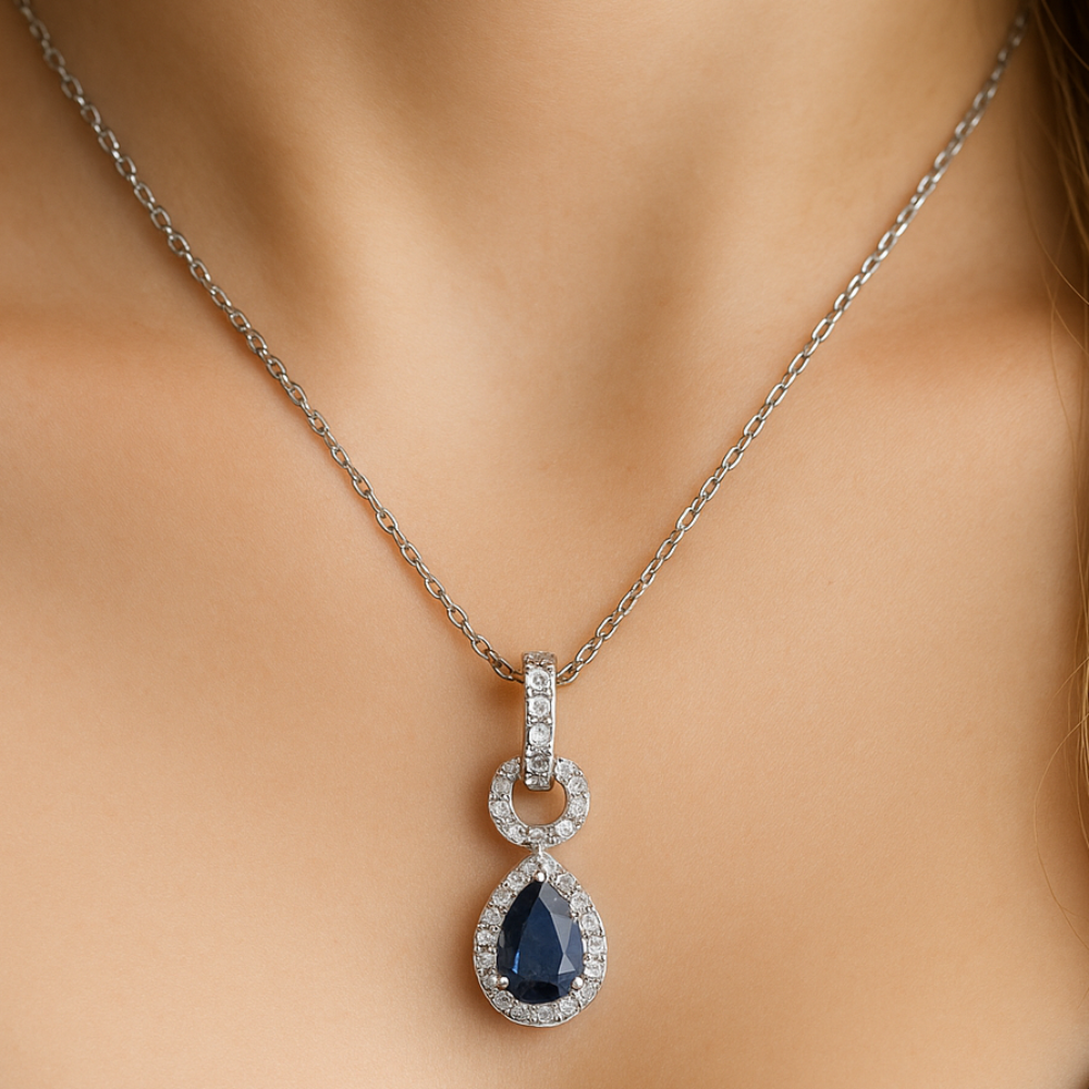 SPECIAL! .63ct G SI 14K White Gold Diamond & Blue Sapphire Gemstone Pendant Necklace 18" Chain