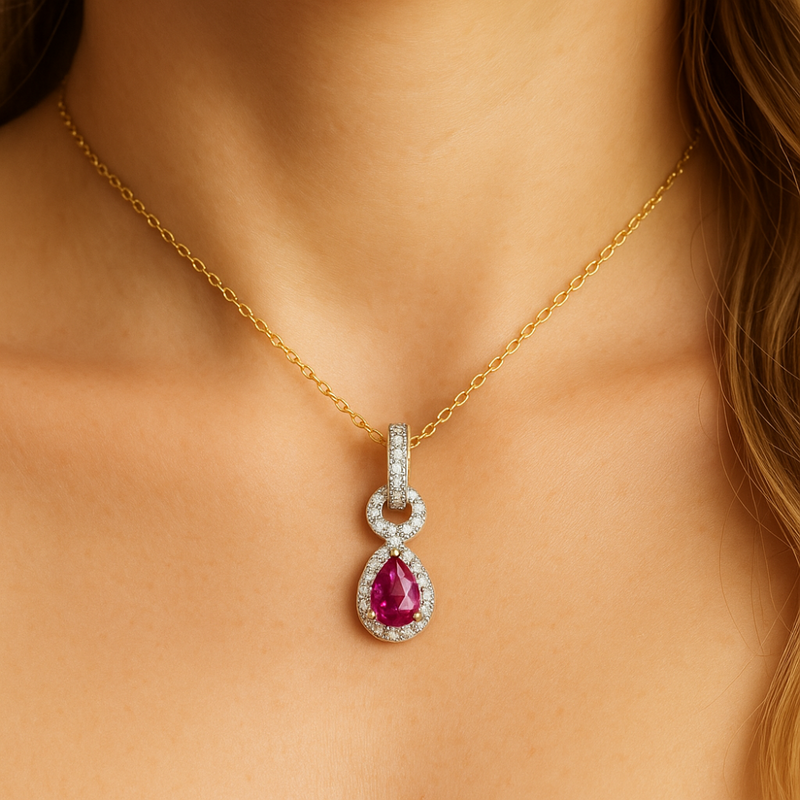 SPECIAL!.70ct G SI 14K Yellow Gold Diamond & Ruby Gemstone Pendant Necklace 18" Chain