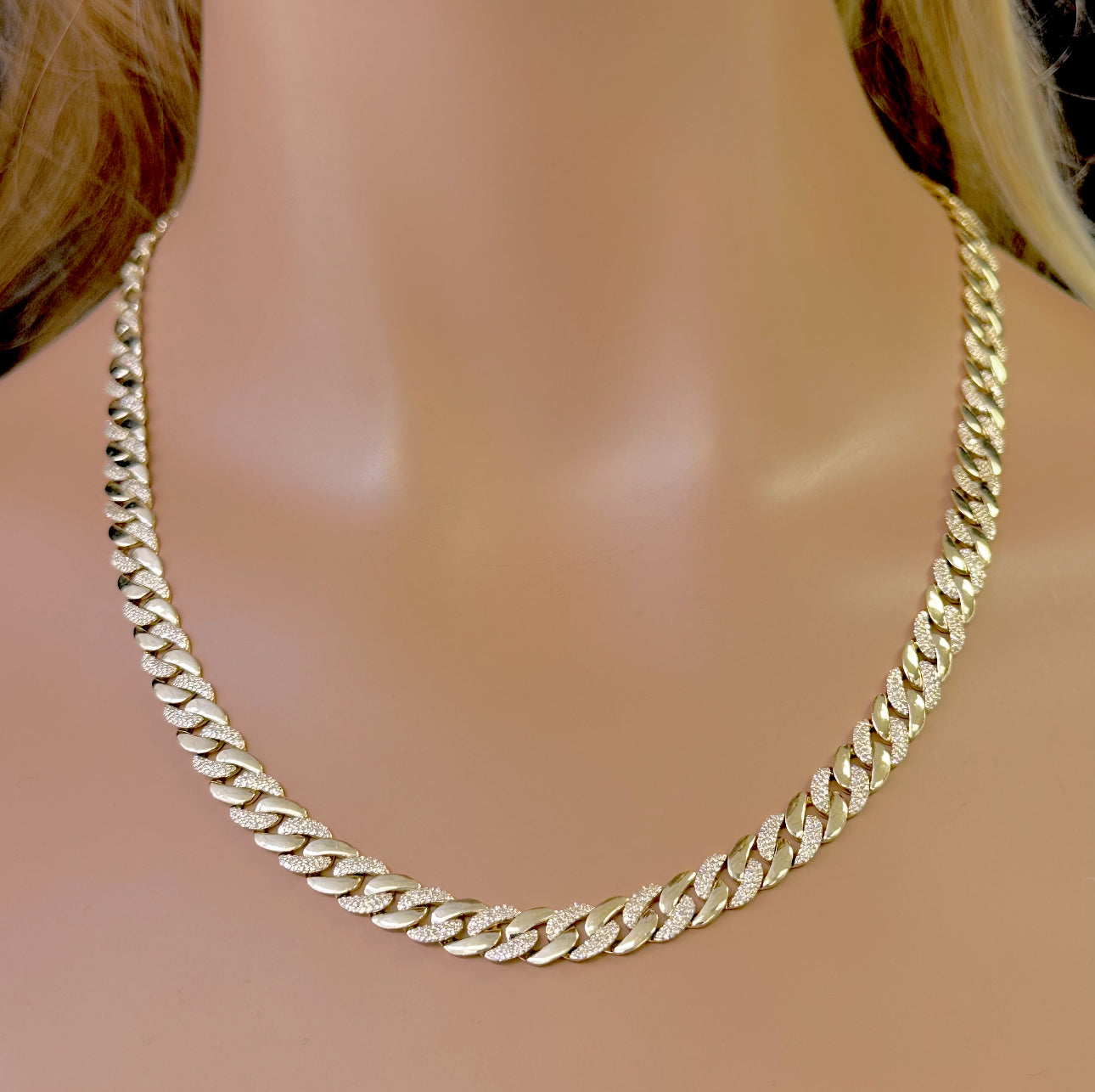 SPECIAL! 7mm 3.65ct G SI 14K Yellow Gold Round Cuban Diamond & Plain Necklace Chain 20" Long
