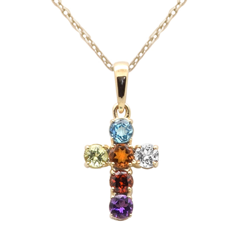 .44ct G SI 14K Yellow Gold Diamond Multi Color Gemstone Cross Pendant Necklace 18" Chain