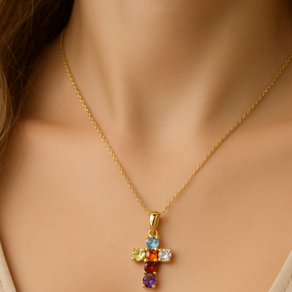 .44ct G SI 14K Yellow Gold Diamond Multi Color Gemstone Cross Pendant Necklace 18" Chain