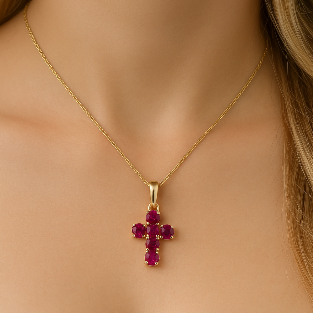 SPECIAL! .48ct G SI 14K Yellow Gold Ruby Gemstone Cross Pendant Necklace 18" Chain