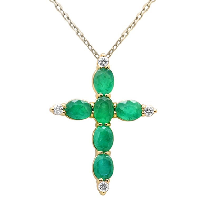 SPECIAL! 1.02ct G SI 14K Yellow Gold Diamond & Emerald Gemstone Cross Pendant Necklace 18" Chain