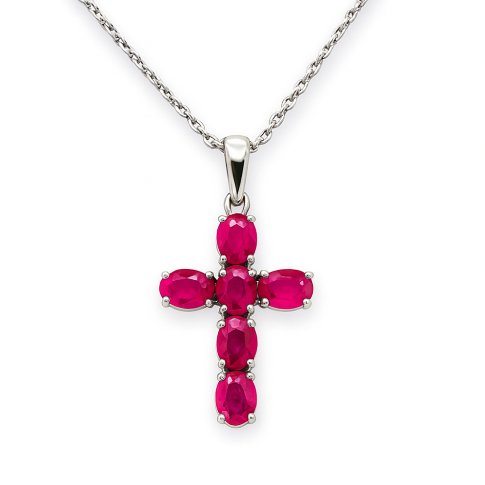 SPECIAL!1.17ct G SI 14K White Gold Ruby Gemstone Cross Pendant Necklace 18" Chain