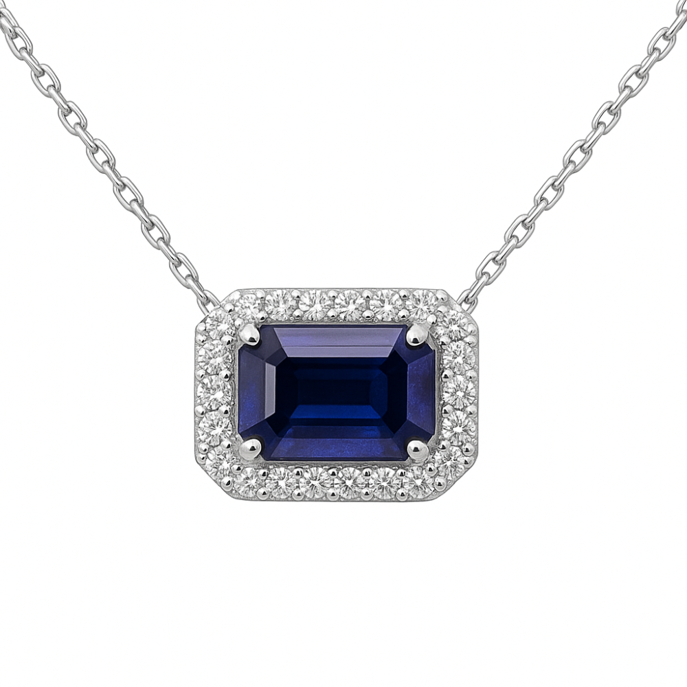 SPECIAL!1.13ct G SI 14K White Gold Diamond & Blue Sapphire Gemstone Pendant Necklace 18" Chain