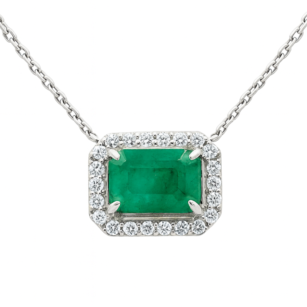 SPECIAL!1.14ct G SI 14K White Gold Diamond & Emerald Gemstone Pendant Necklace 18" Chain