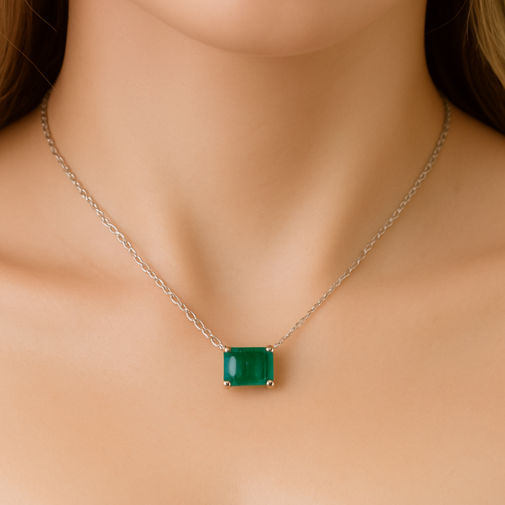 SPECIAL! 1.10ct G SI 14K White Gold Emerald Gemstone Solitaire Pendant Necklace 18" Chain