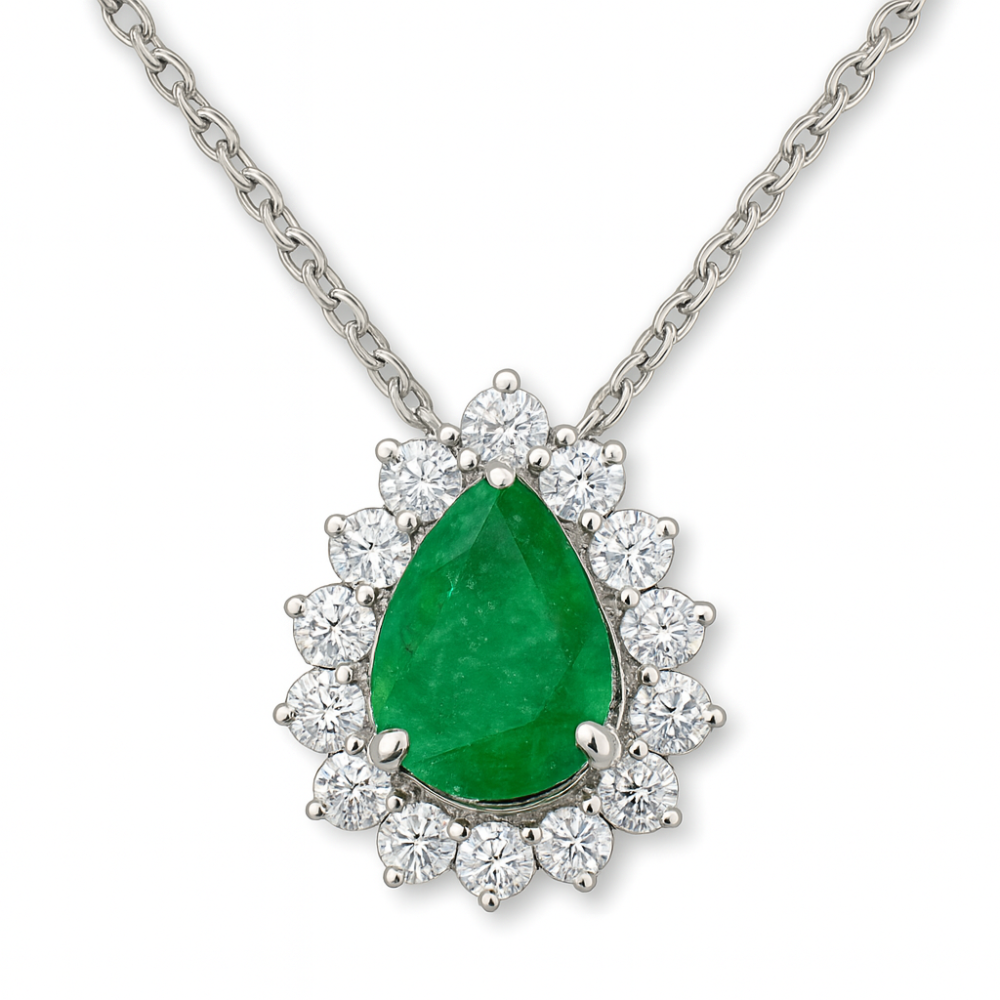SPECIAL! .84ct G SI 14K White Gold Diamond & Pear Shape Emerald Gemstone Pendant Necklace 18" Chain