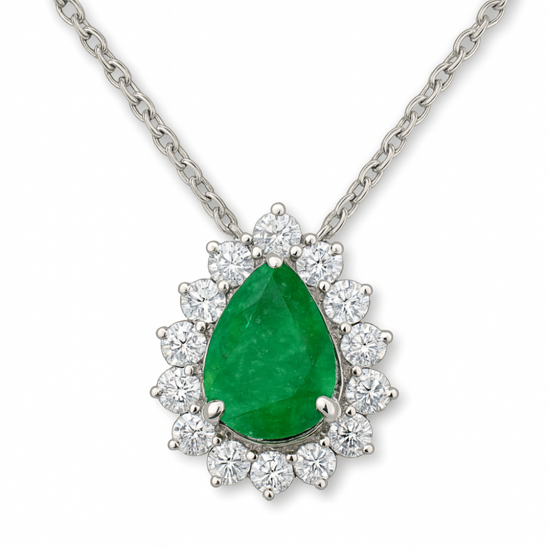 SPECIAL! .84ct G SI 14K White Gold Diamond & Pear Shape Emerald Gemstone Pendant Necklace 18" Chain