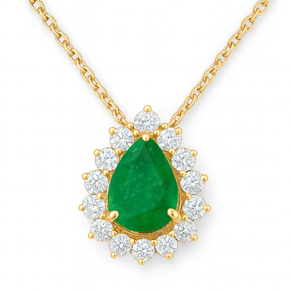 SPECIAL! 1.01ct G SI 14K Yellow Gold Diamond & Pear Shape Emerald Gemstone Pendant Necklace 18" Chain