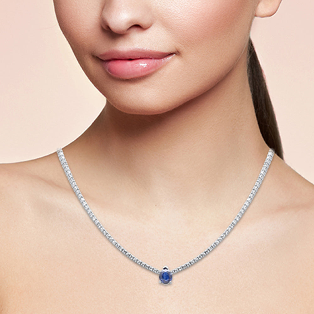 SPECIAL!5.18ct G SI 14K White Gold Diamond & Blue Sapphire Gemstone Tennis Necklace 16" Long