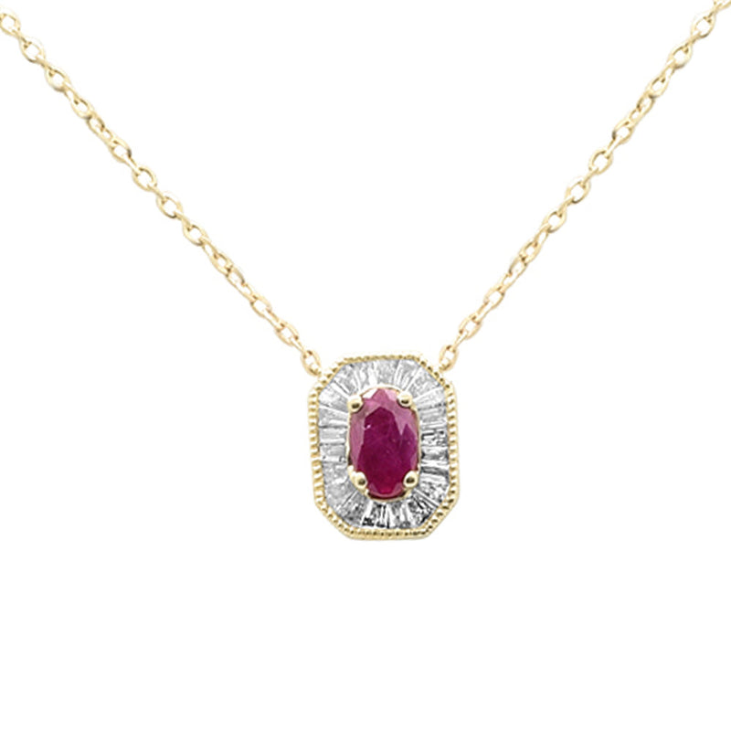 SPECIAL!.48ct G SI 14K Yellow Gold Baguette Diamond & Ruby Gemstone Pendant Necklace 18" Long
