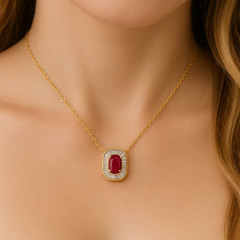 SPECIAL!.48ct G SI 14K Yellow Gold Baguette Diamond & Ruby Gemstone Pendant Necklace 18" Long