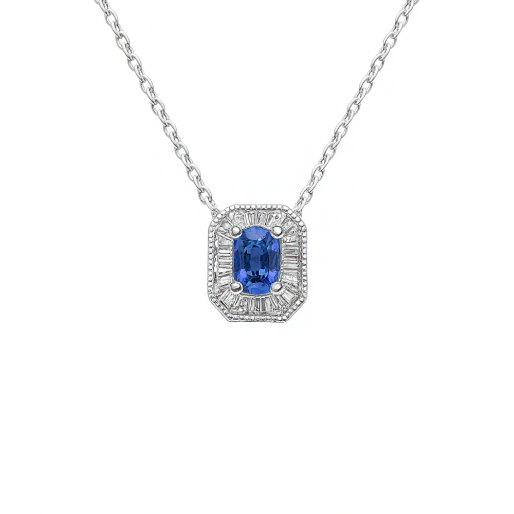 SPECIAL!.58ct G SI 14K White Gold Baguette Diamond & Blue Sapphire Gemstone Pendant Necklace 18" Long
