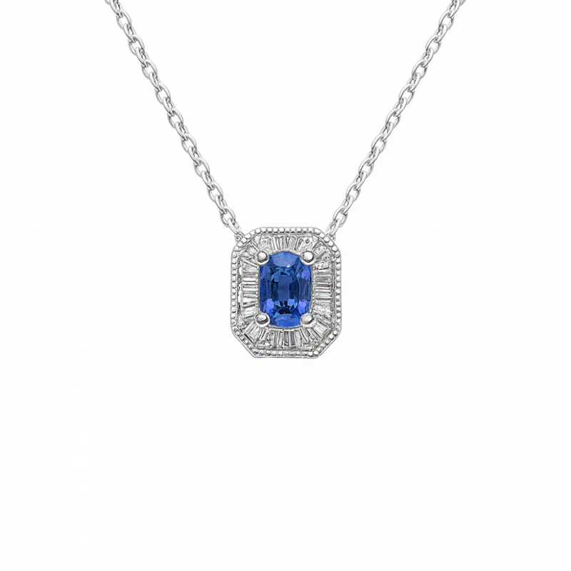 SPECIAL!.58ct G SI 14K White Gold Baguette Diamond & Blue Sapphire Gemstone Pendant Necklace 18" Long