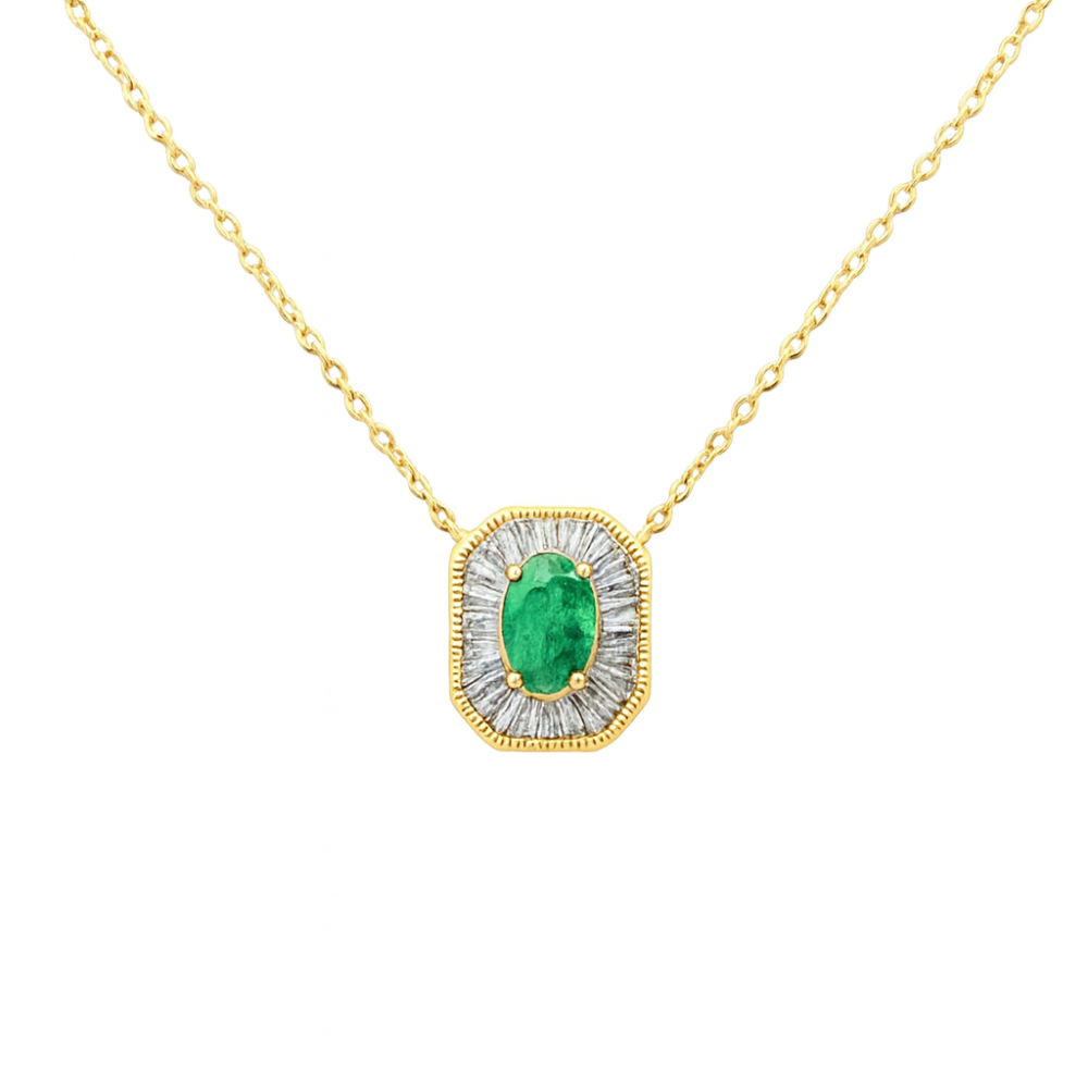 SPECIAL! .44ct G SI 14K Yellow Gold Baguette Diamond & Emerald Gemstone Pendant Necklace 18" Long