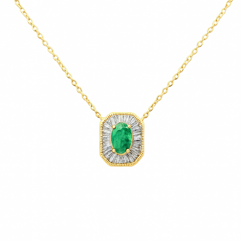 SPECIAL! .44ct G SI 14K Yellow Gold Baguette Diamond & Emerald Gemstone Pendant Necklace 18" Long