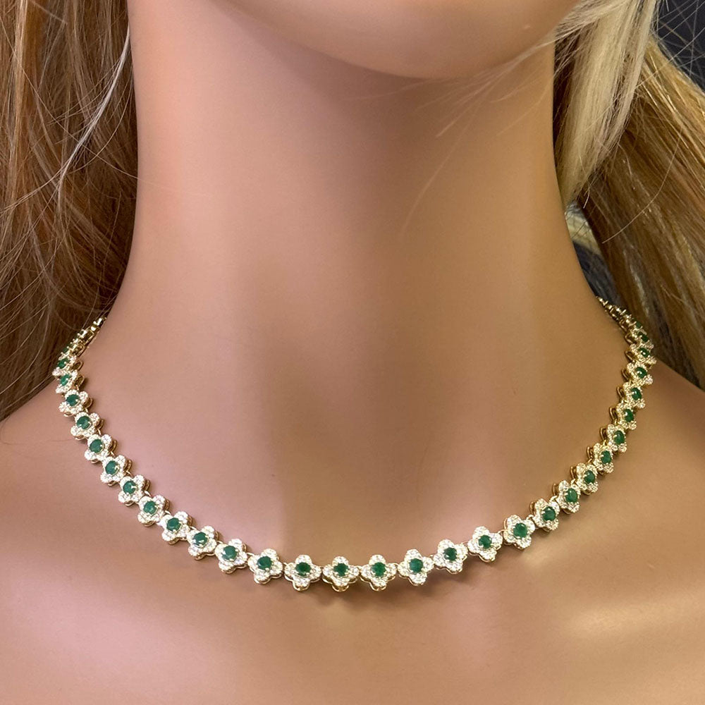 SPECIAL!11.53ct G SI 14K Yellow Gold Diamond & Emerald Gemstone Clover Design Necklace 16" Long