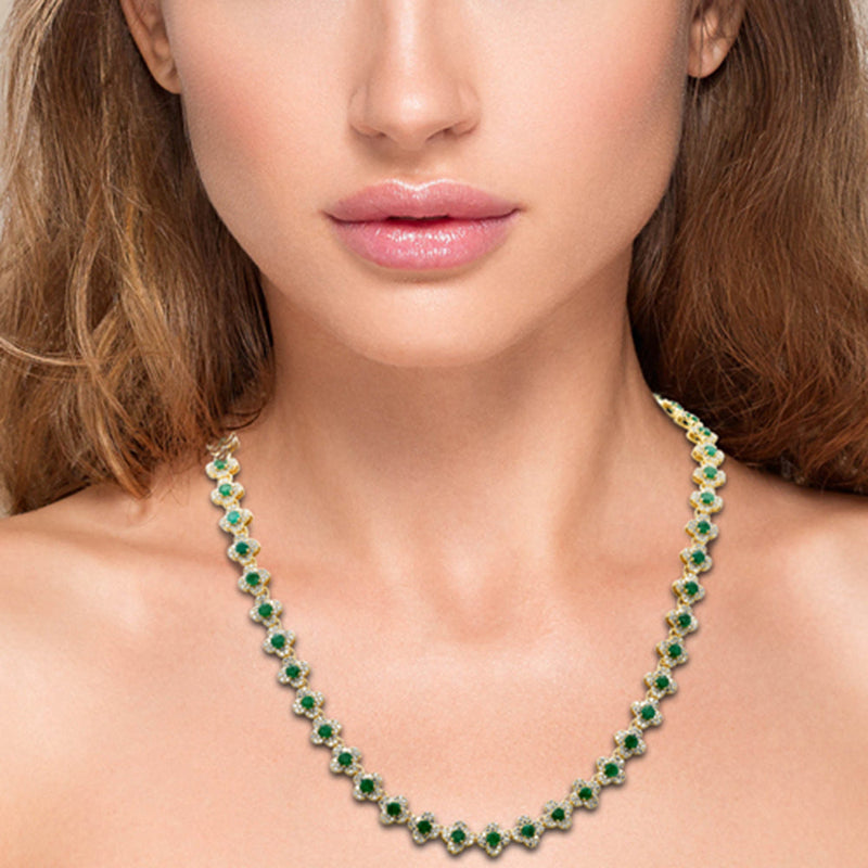SPECIAL!11.53ct G SI 14K Yellow Gold Diamond & Emerald Gemstone Clover Design Necklace 16" Long