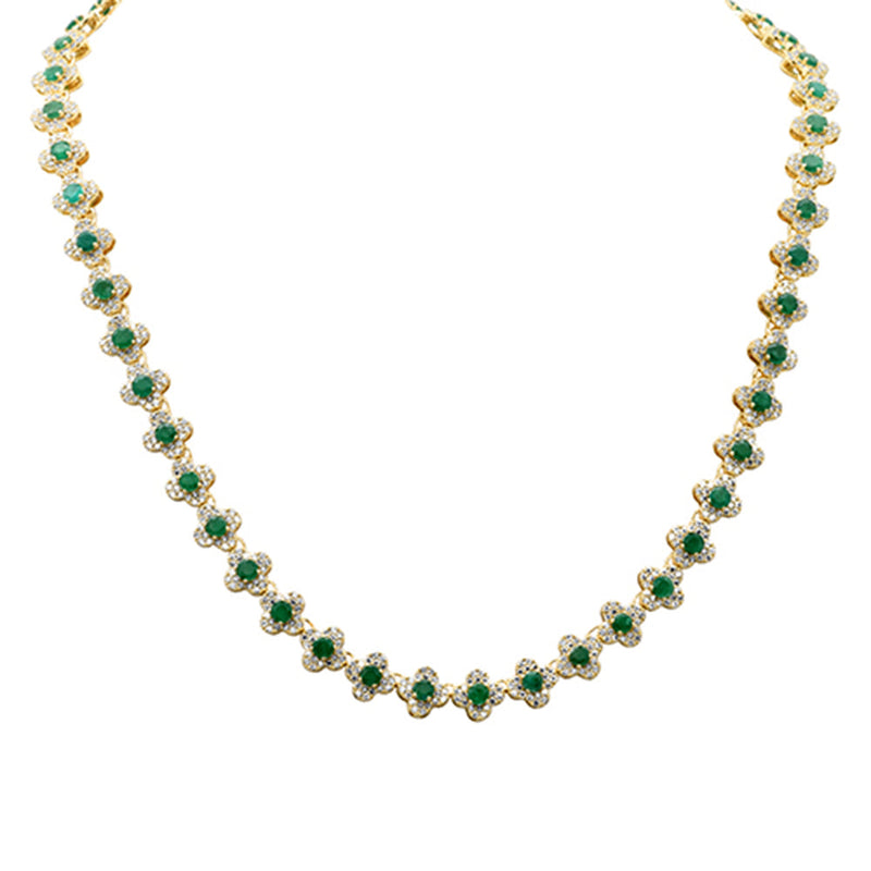 SPECIAL!11.53ct G SI 14K Yellow Gold Diamond & Emerald Gemstone Clover Design Necklace 16" Long