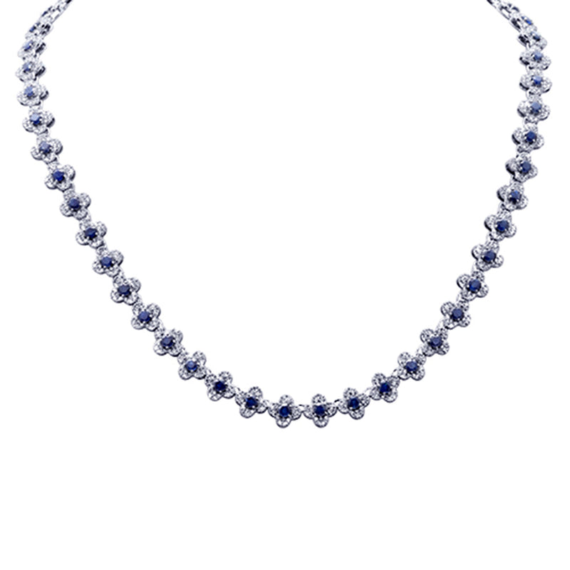 SPECIAL!13.18ct G SI 14K White Gold Diamond & Blue Sapphire Gemstone Clover Design Necklace 16" Long