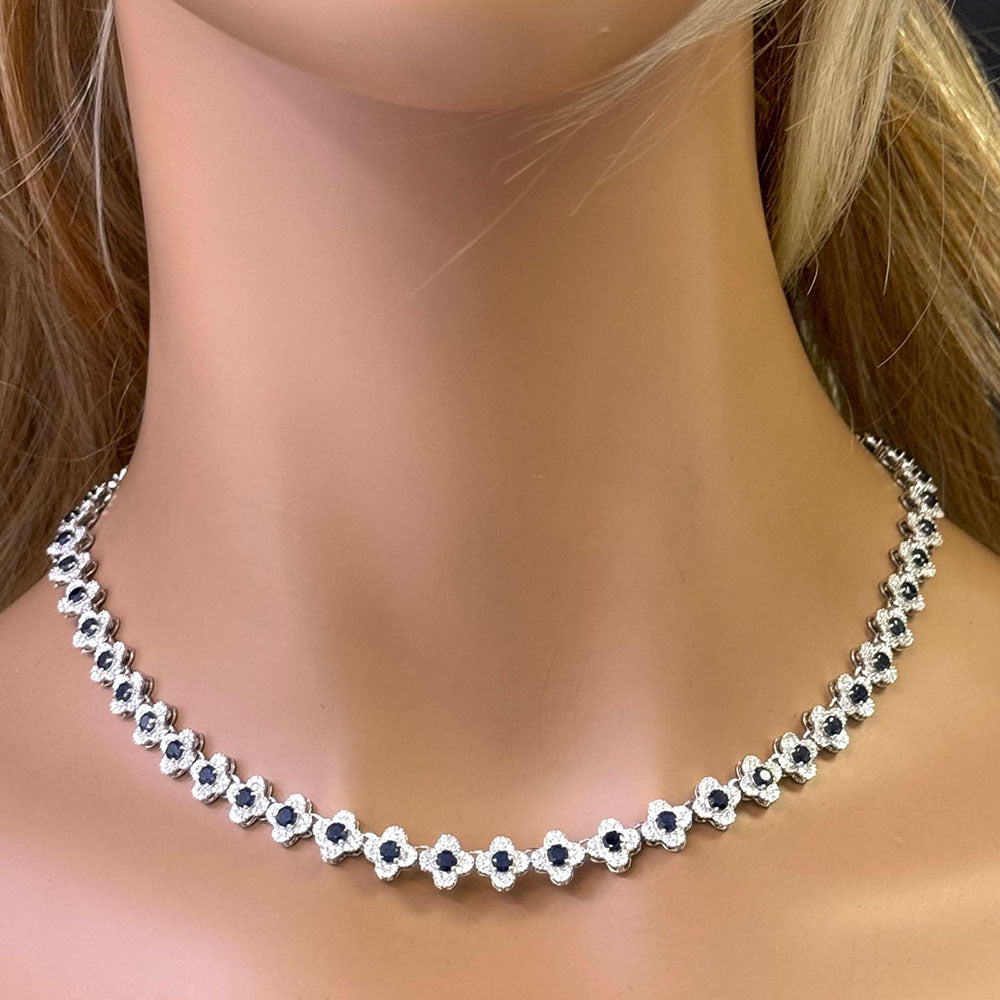SPECIAL!13.18ct G SI 14K White Gold Diamond & Blue Sapphire Gemstone Clover Design Necklace 16" Long