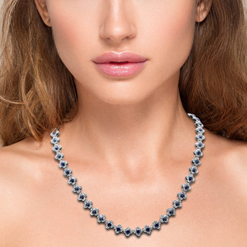 SPECIAL!13.18ct G SI 14K White Gold Diamond & Blue Sapphire Gemstone Clover Design Necklace 16" Long