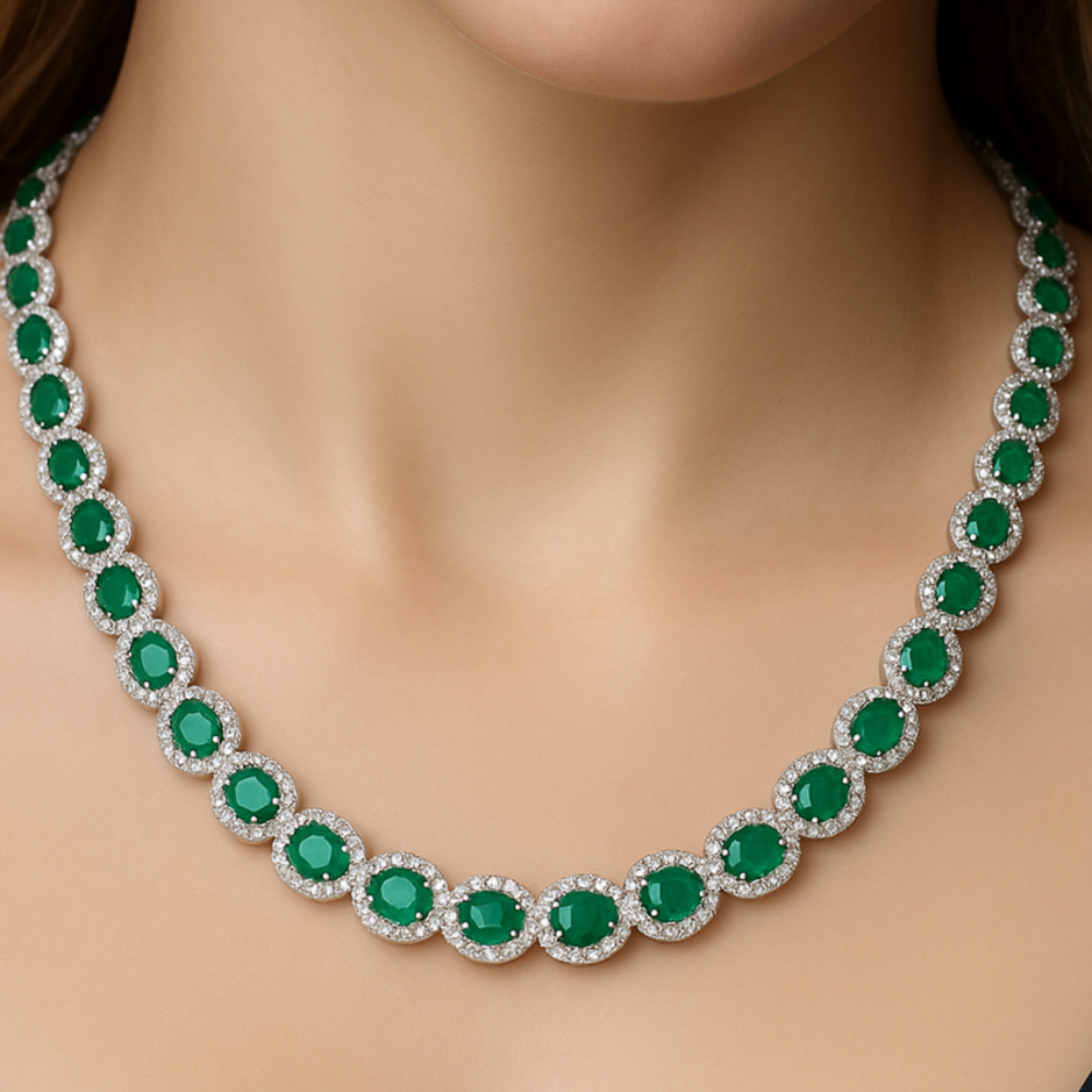 SPECIAL!14.41ct G SI 14K White Gold Diamond & Emerald Gemstone Necklace 16" Long