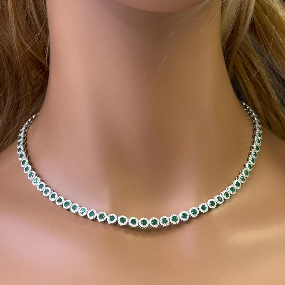 SPECIAL!11.10ct G SI 14K White Gold Diamond & Emerald Gemstone Necklace 16" Long