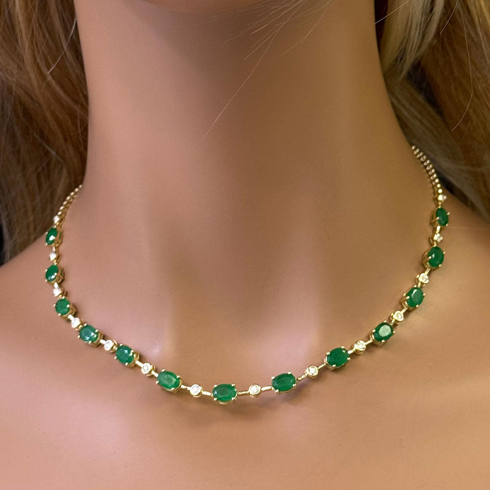 SPECIAL!9.55ct G SI 14K Yellow Gold Diamond & Emerald Gemstone Necklace 16" Long