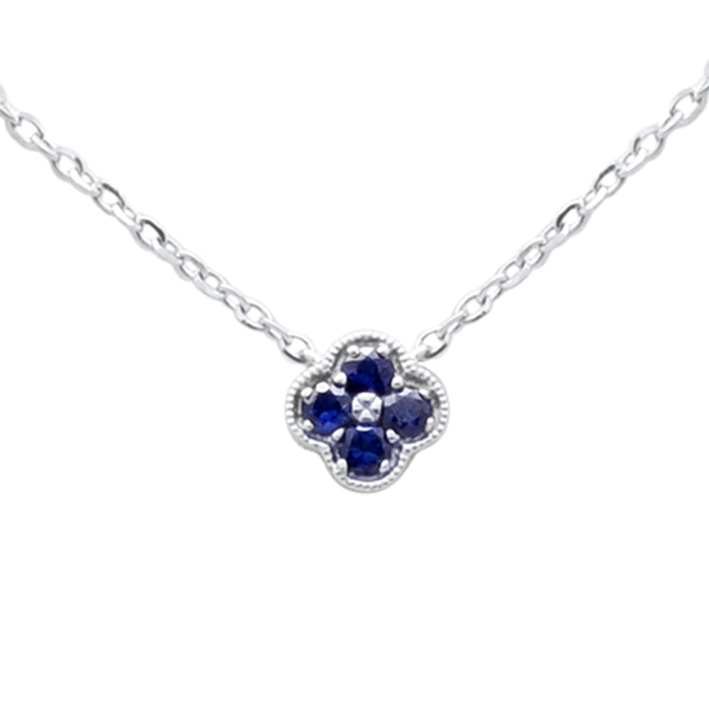 .08ct G SI 14K White Gold Blue Sapphire Gemstone Petite Clover Design Pendant 18" Long